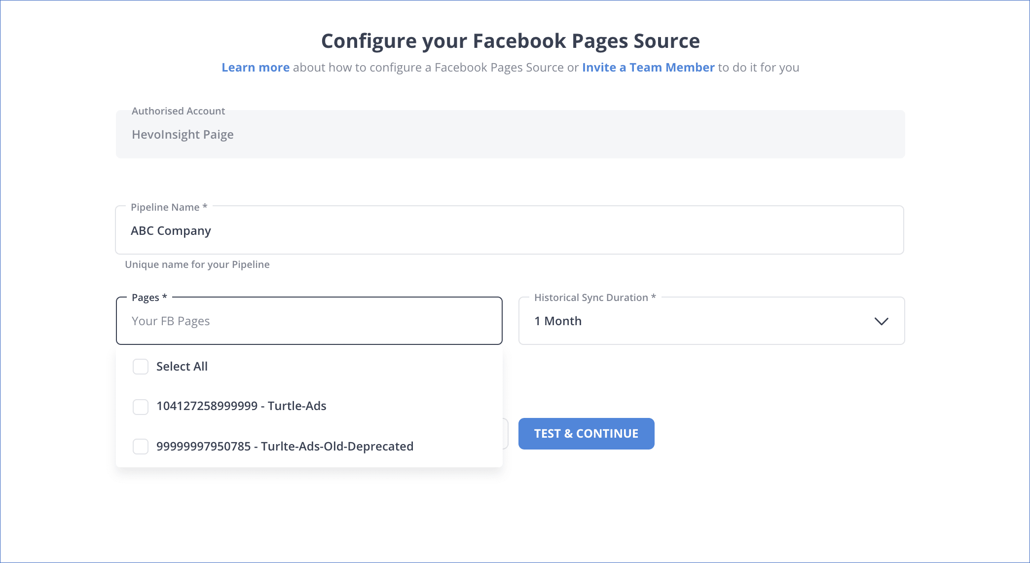 facebook page insights to snowflake: configure Facebook page insights as source